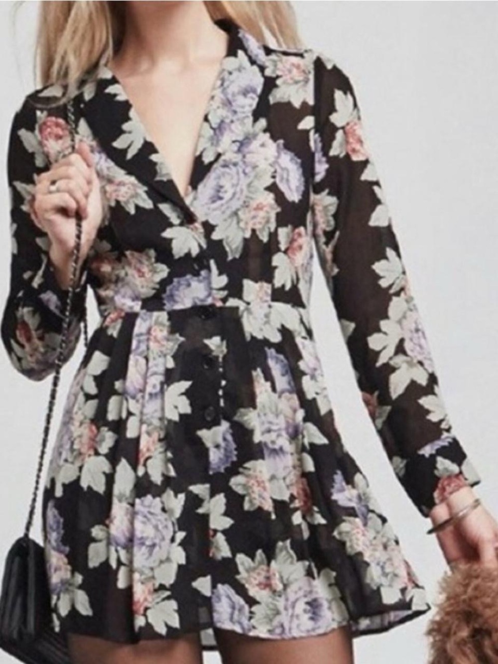 Reformation Black Floral Long-Sleeve Mini Dress